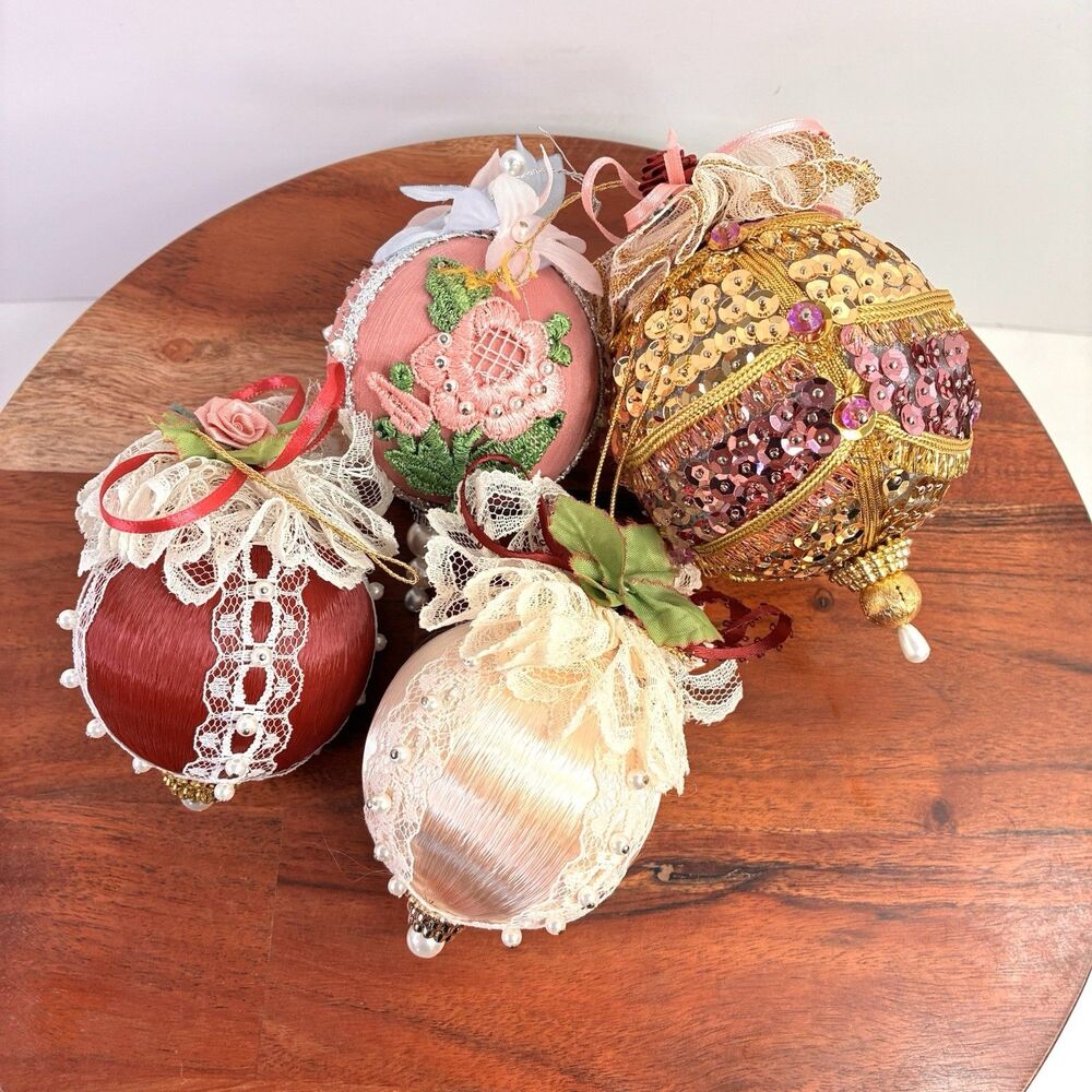 Lot of 4 Vintage Beaded Pushpin Christmas Ornaments Sequins Roses Lace